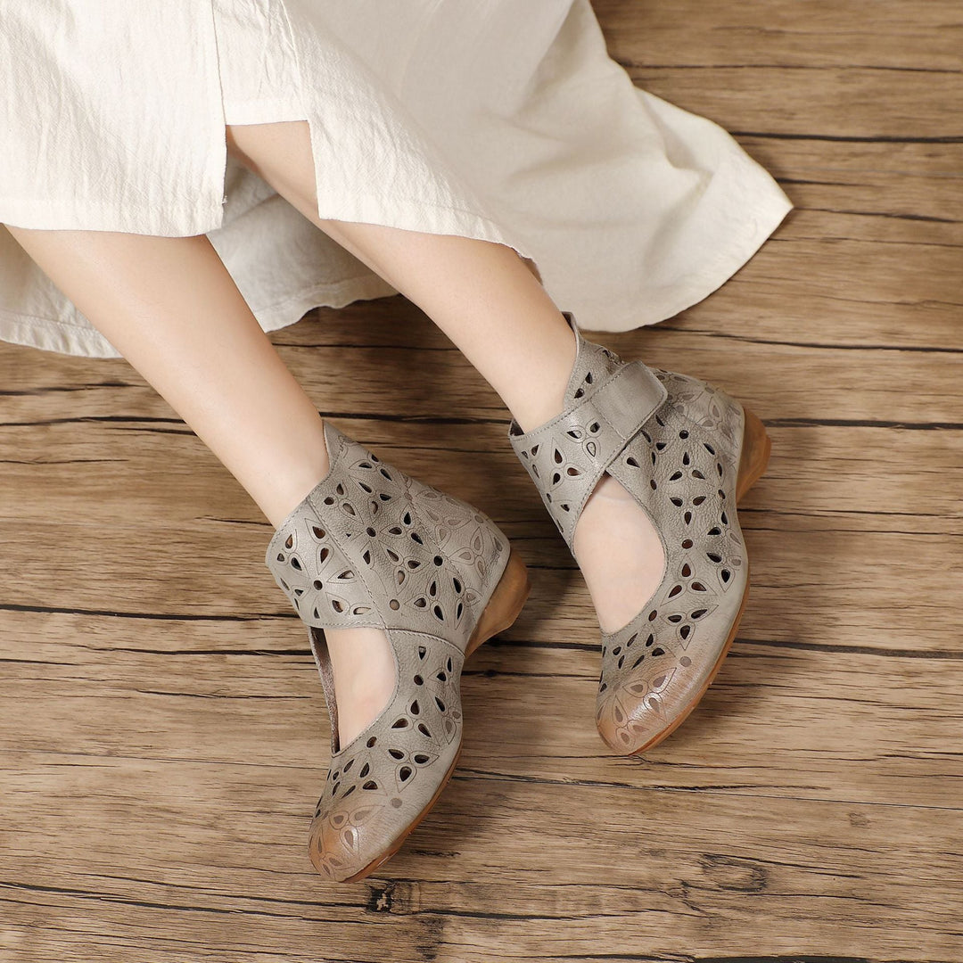 Handmade Leather Cut-Out Sandals - Vintage Bohemian Summer Flats with Adjustable Velcro