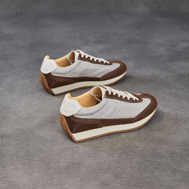 Women's Genuine Leather Hidden Wedge Sneakers Vintage Lace-up Round Toe Casual Shoes
