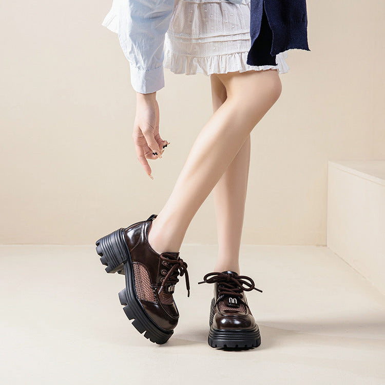 Women's Leather Platform Oxfords - Gothic Lug Sole 7cm Block Chunky High Heel  Lace-Up Shoes