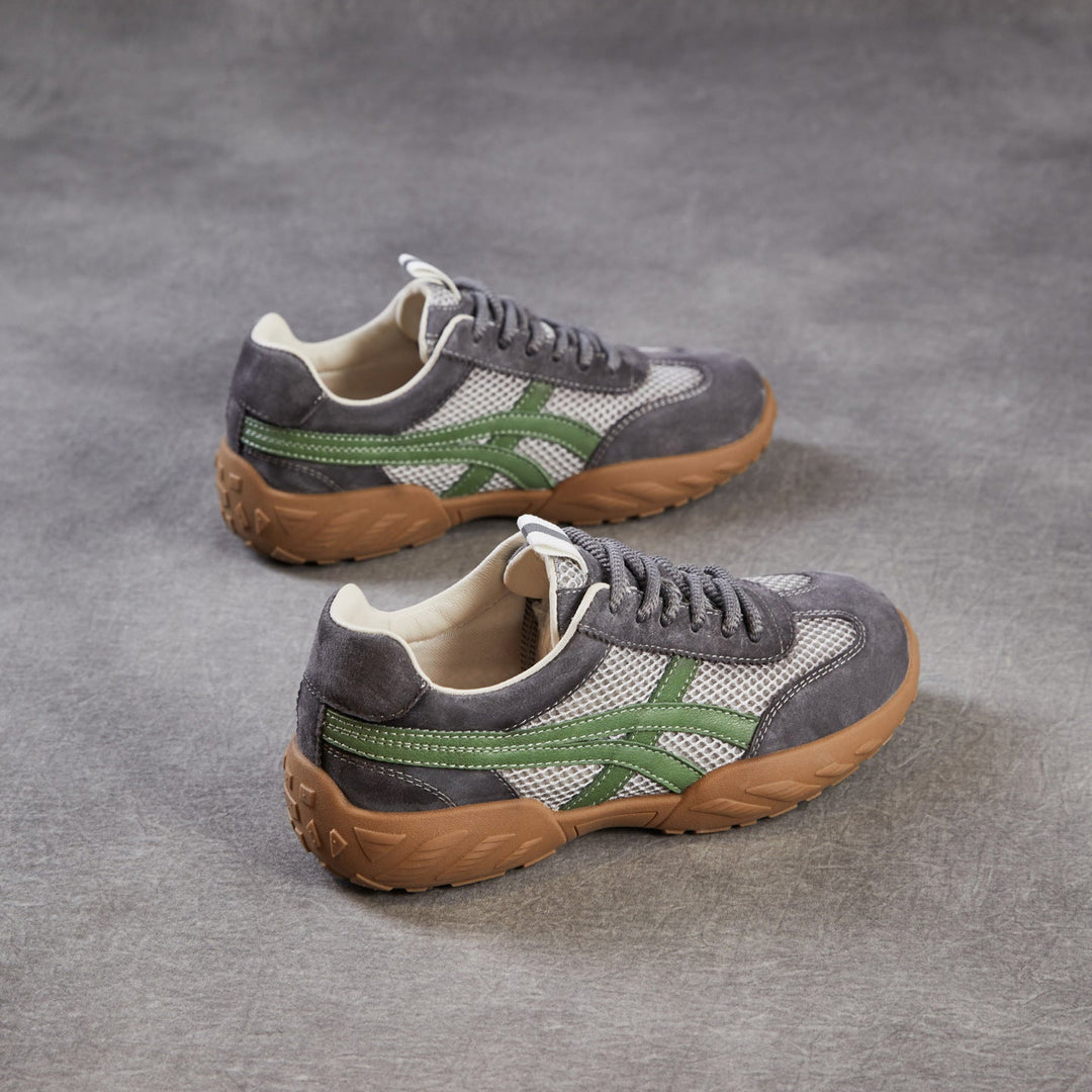 Womens Retro Mesh Running Sneakers Vintage Leather Lace-up Chunky Trainers