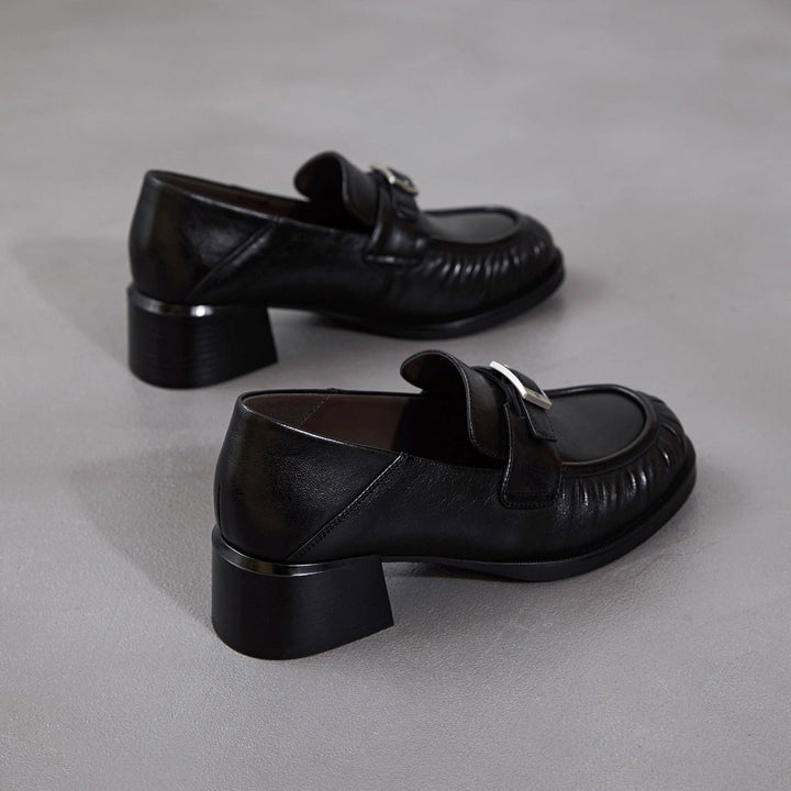 Women's Sheepskin Loafers - Ruched Leather Buckle Block Heel