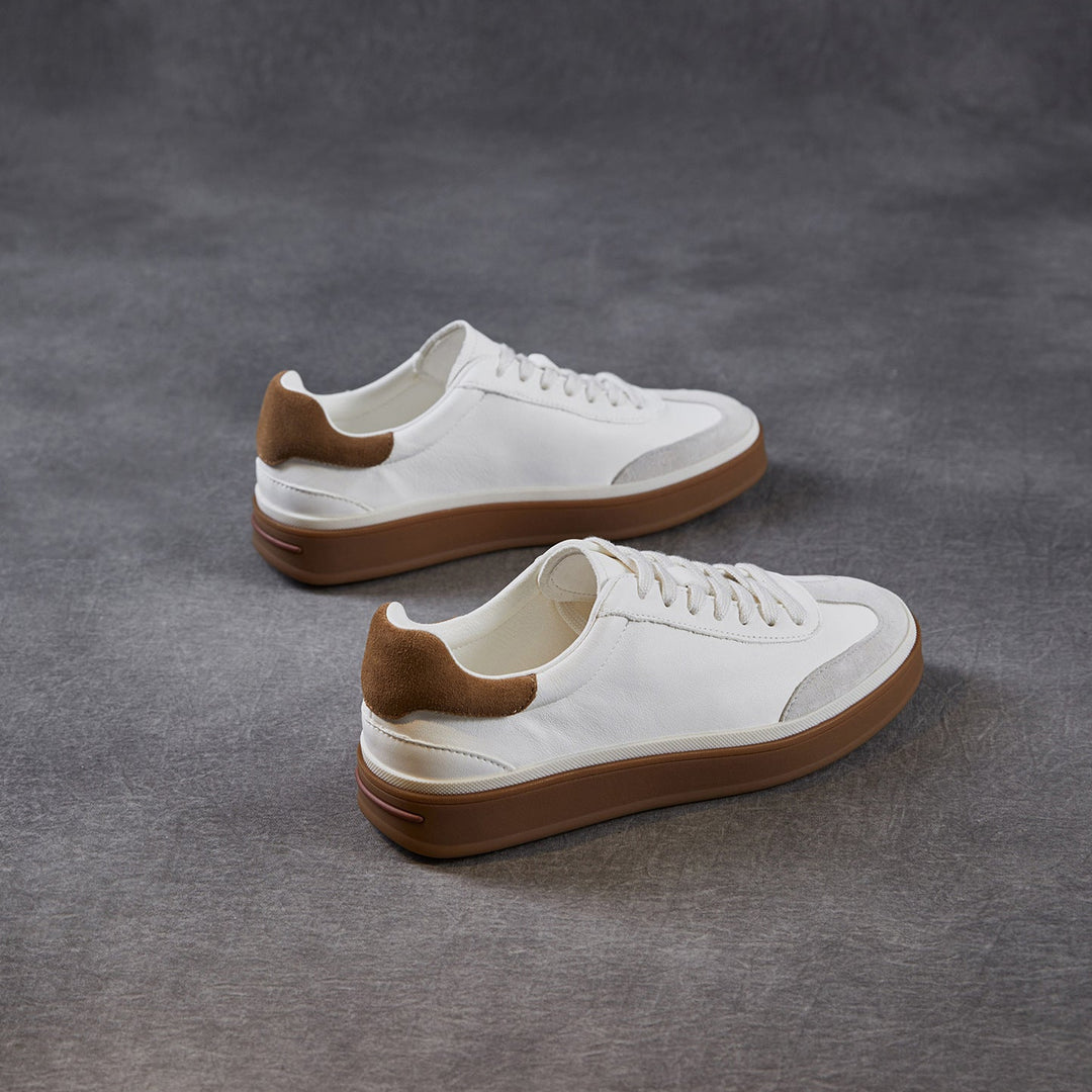 Womens Retro Cowhide Suede Patchwork Sneakers Vintage Round Toe Gum Sole Lace-up Flats