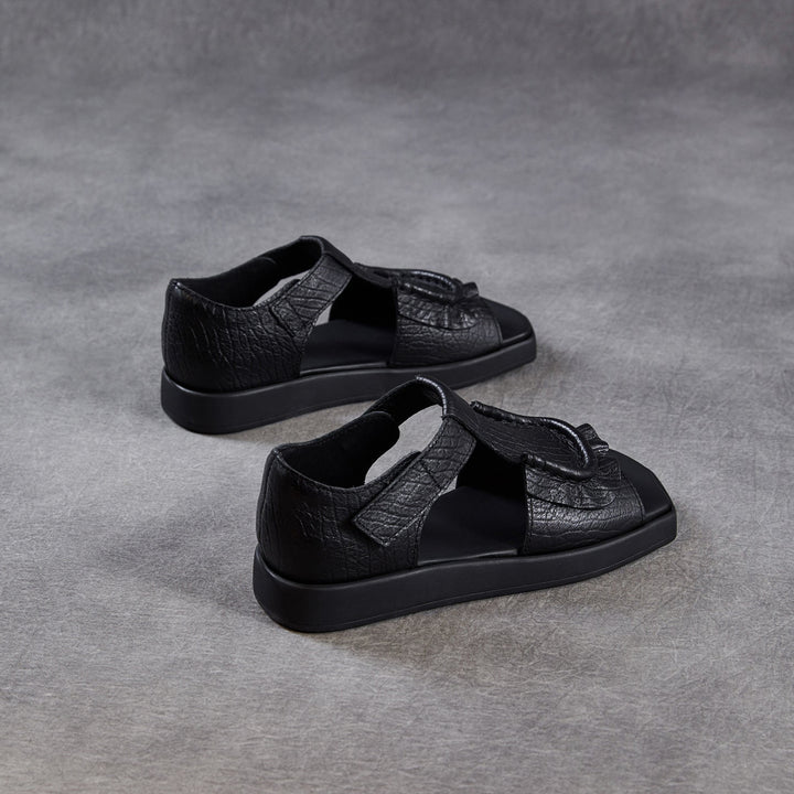 Women's Square Toe Platform Sandals Open Toe Retro Velcro Leather Ruffled Casual Summer Flats