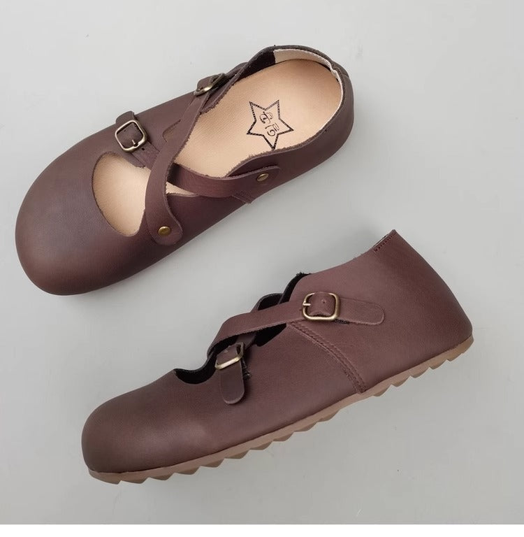 Women's Hidden Wedge Heel Shoes - Handmade Vintage Style with Cross Strap Buckle