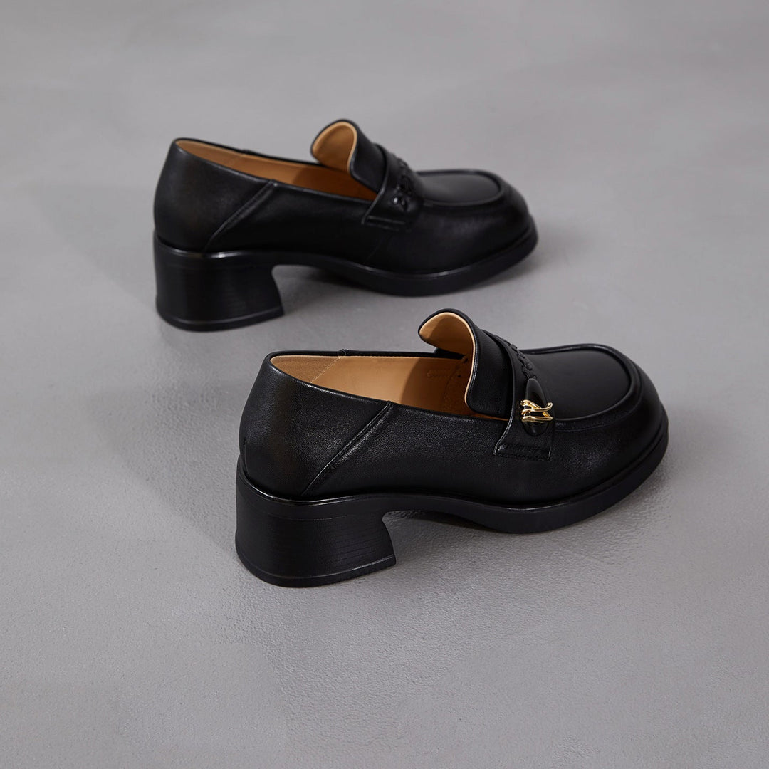 Women's Retro Sheepskin Loafers Vintage Round Toe Woven Strap Chunky Heels