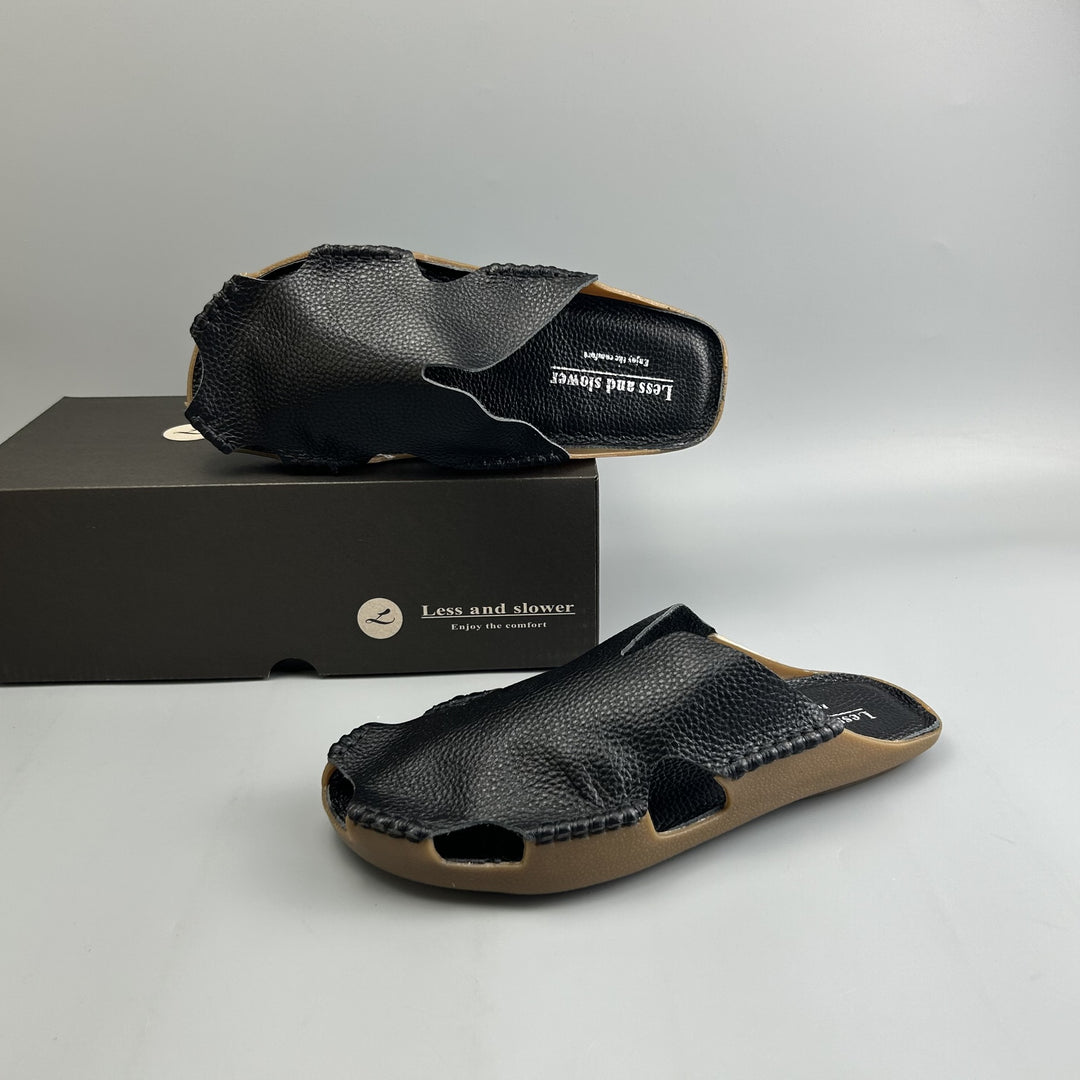 Women's Leather Mules - Soft Hand-Stitched Pebble Grain Flat Sandals Casual Summer Slip-On Slides