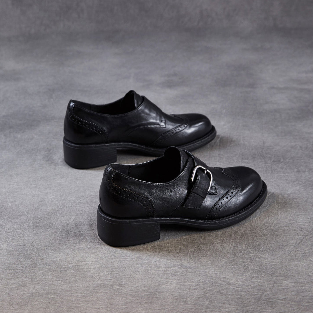 Women's Retro Leather Monk Strap Shoes Vintage Round Toe Brogue Chunky Heels