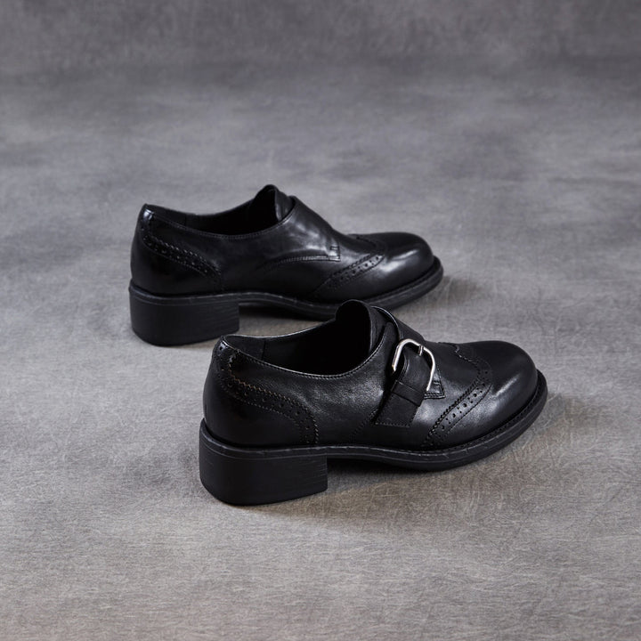 Women's Retro Leather Monk Strap Shoes Vintage Round Toe Brogue Chunky Heels
