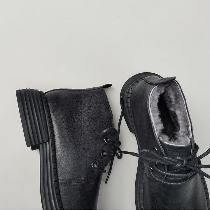 Wide Toe Leather Ankle Boots for Women – Lace-up Handmade Shearling Winter Shoes