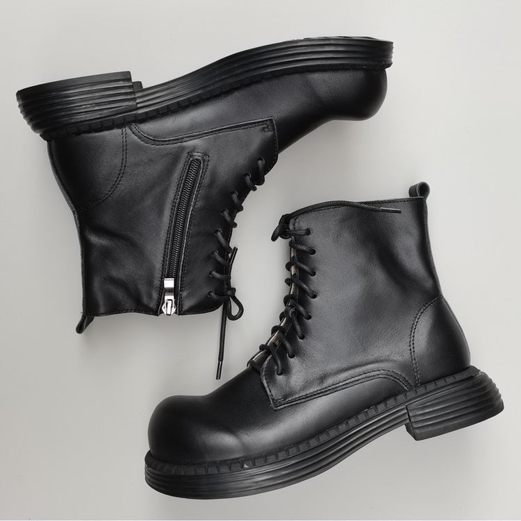 Women's Genuine Leather Wide Toe Ankle Boots – Lace-Up & Zipper Martin Boots