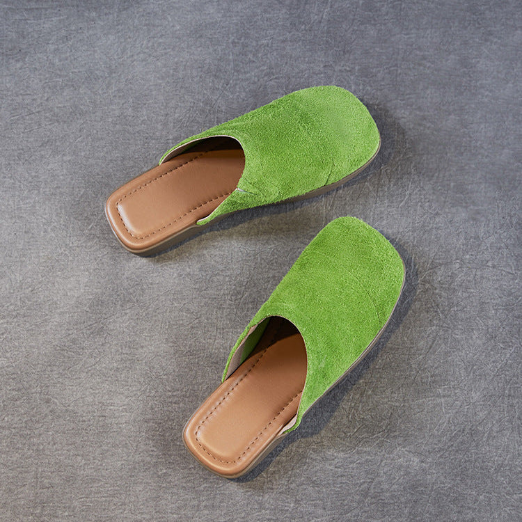 Women's Minimalist Nubuck Mules - Round-Toe Flat with Slip-On Ease