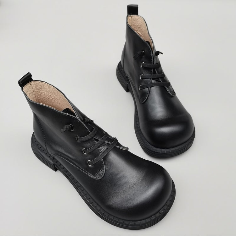 Women's Vintage Wide Toe Leather Derby Ankle Boots – Lace-Up Short Shoes