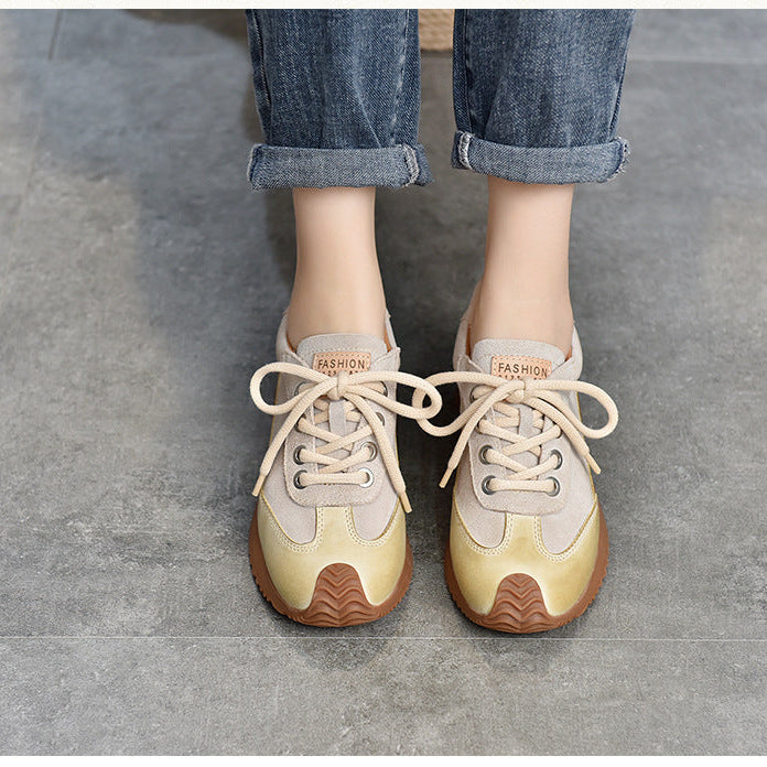 Women's Leather Patchwork Sneakers – Retro Casual Shoes