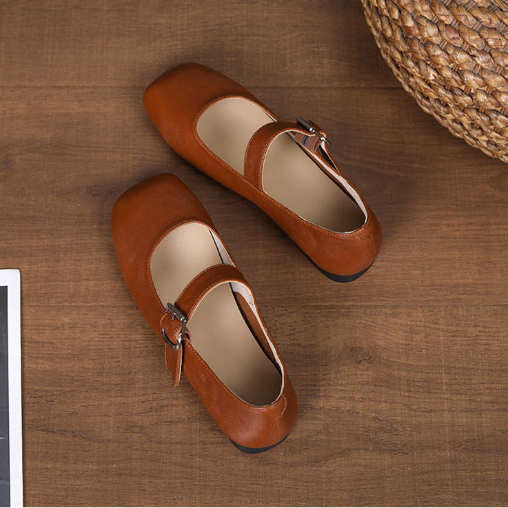 Women‘s Retro Leather Mary Jane Flats Vintage Square Toe Casual Ballet Shoes