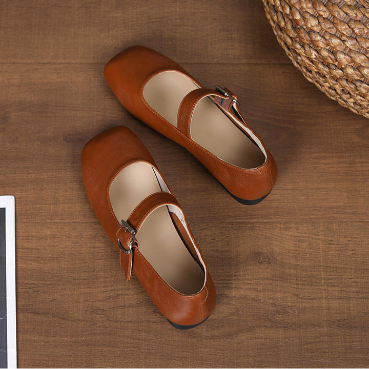 Women‘s Retro Leather Mary Jane Flats Vintage Square Toe Casual Ballet Shoes