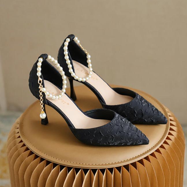 Women's Pearl Wedding Shoes for Bride High Heels Pointed Toe Satin Pumps