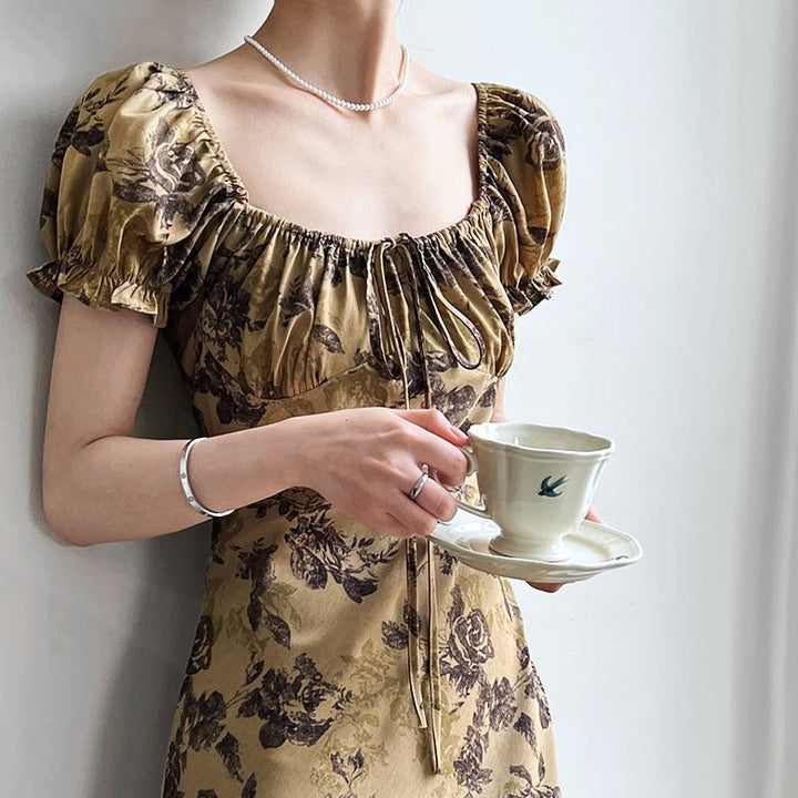 Vintage Floral Square Neck Drawstring Tie Dress