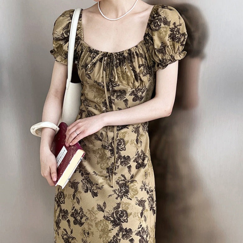 Vintage Floral Square Neck Drawstring Tie Dress