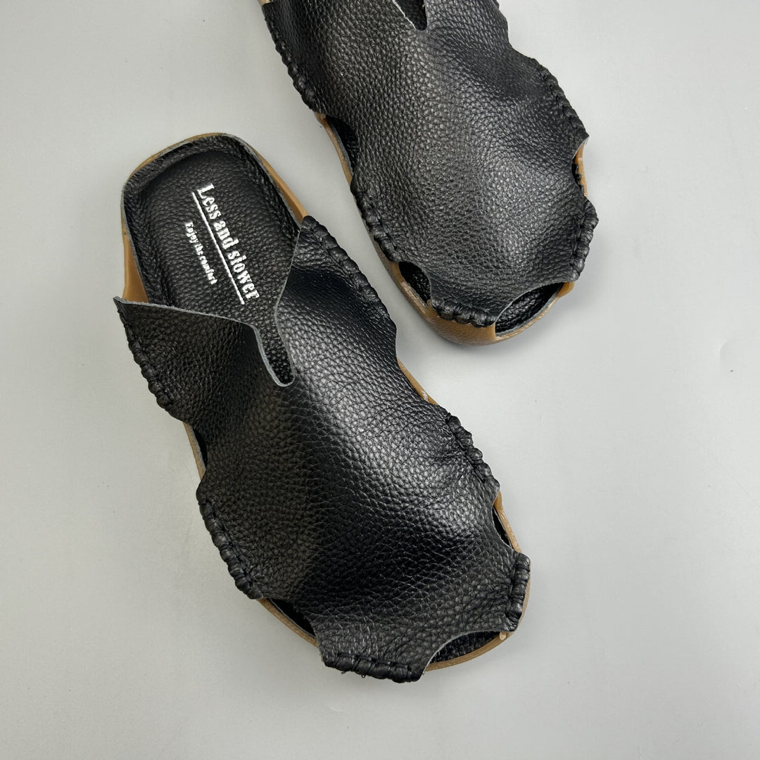 Women's Leather Mules - Soft Hand-Stitched Pebble Grain Flat Sandals Casual Summer Slip-On Slides