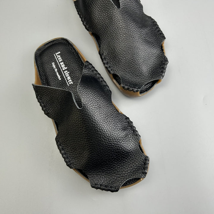Women's Leather Mules - Soft Hand-Stitched Pebble Grain Flat Sandals Casual Summer Slip-On Slides