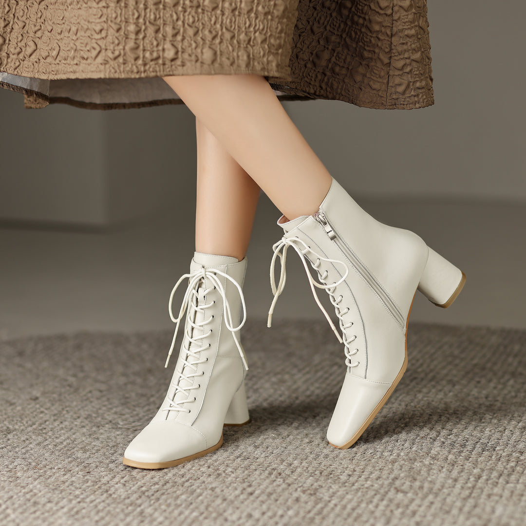 Womens Lace-up Zipper Square Toe Block Heels Leather Ankle Boots