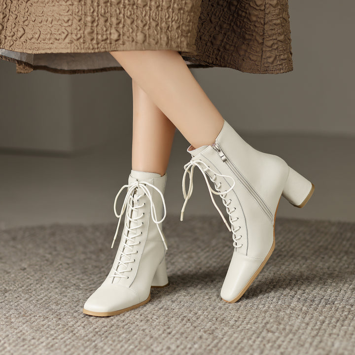Womens Lace-up Zipper Square Toe Block Heels Leather Ankle Boots