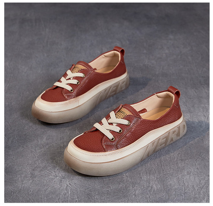 Women's Leather Casual Sneakers - Slip-On Round Toe Loafers Elastic Lace Walking Shoes
