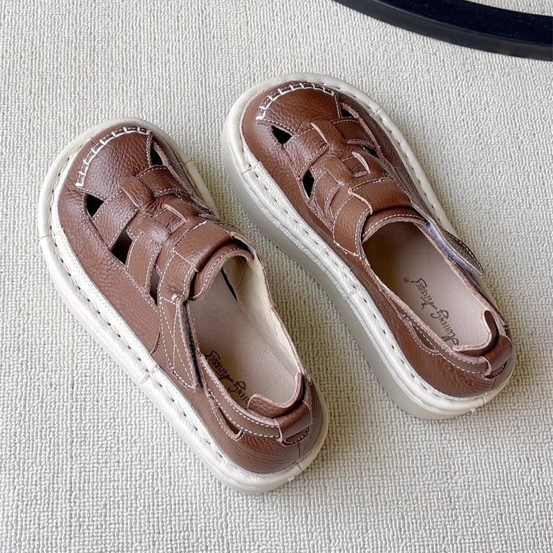 Women's Soft Leather Velcro Closed-Toe Chunky Platform Sandals – Ugly-Cute Style