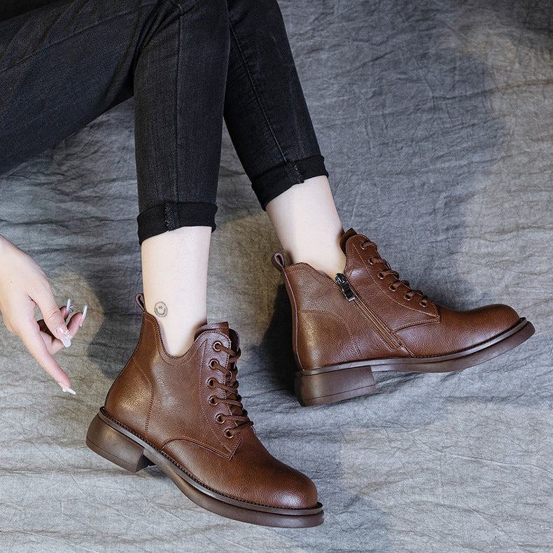 Women's Leather Ankle Boots - Vintage V-Cut Collar Lace-Up Side Zipper Booties Chunky Heel Comfort Shoes