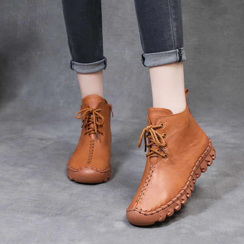 Womens Soft Leather Casual Lace-up Shoes Ankle Boots