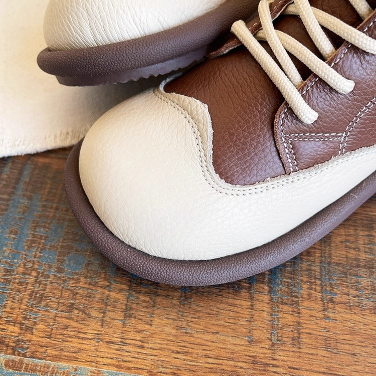 Women's Leather Lace-Up Ankle Shoes – Round Toe & Patchwork Design