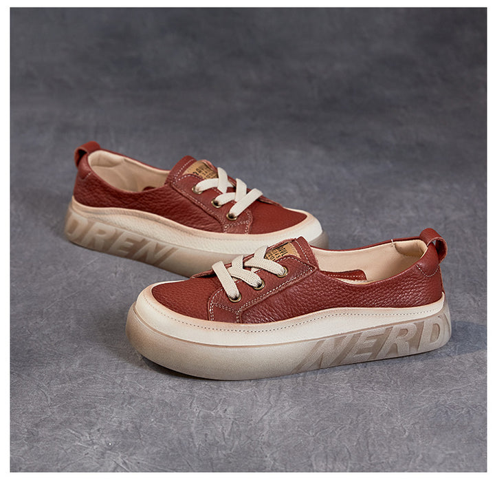 Women's Leather Casual Sneakers - Slip-On Round Toe Loafers Elastic Lace Walking Shoes