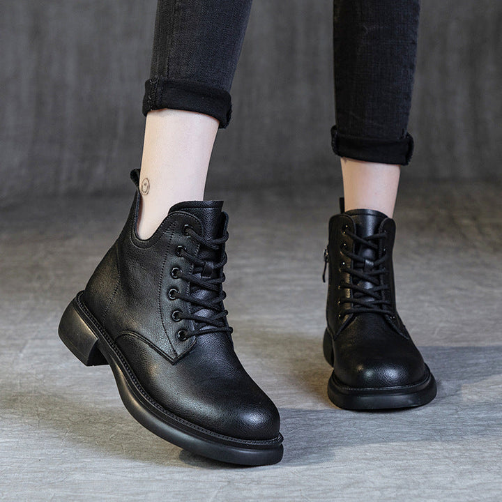 Women's Leather Ankle Boots - Vintage V-Cut Collar Lace-Up Side Zipper Booties Chunky Heel Comfort Shoes