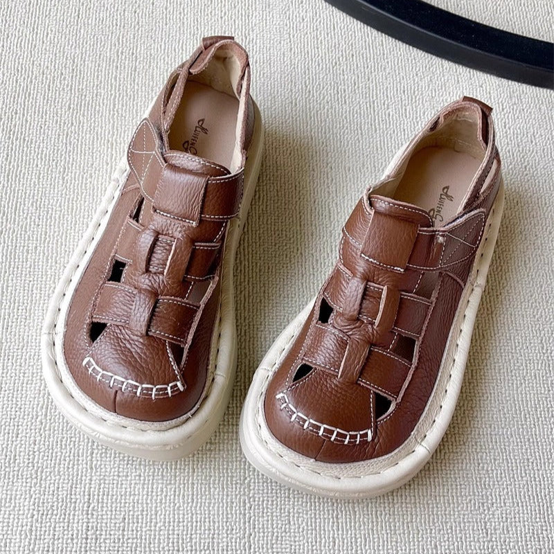 Women's Soft Leather Velcro Closed-Toe Chunky Platform Sandals – Ugly-Cute Style
