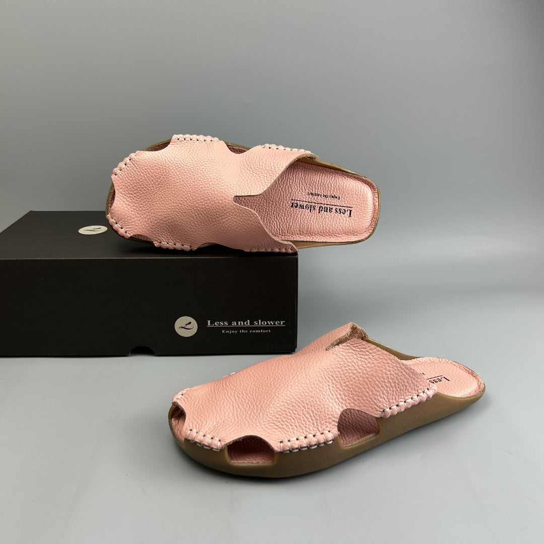 Women's Leather Mules - Soft Hand-Stitched Pebble Grain Flat Sandals Casual Summer Slip-On Slides