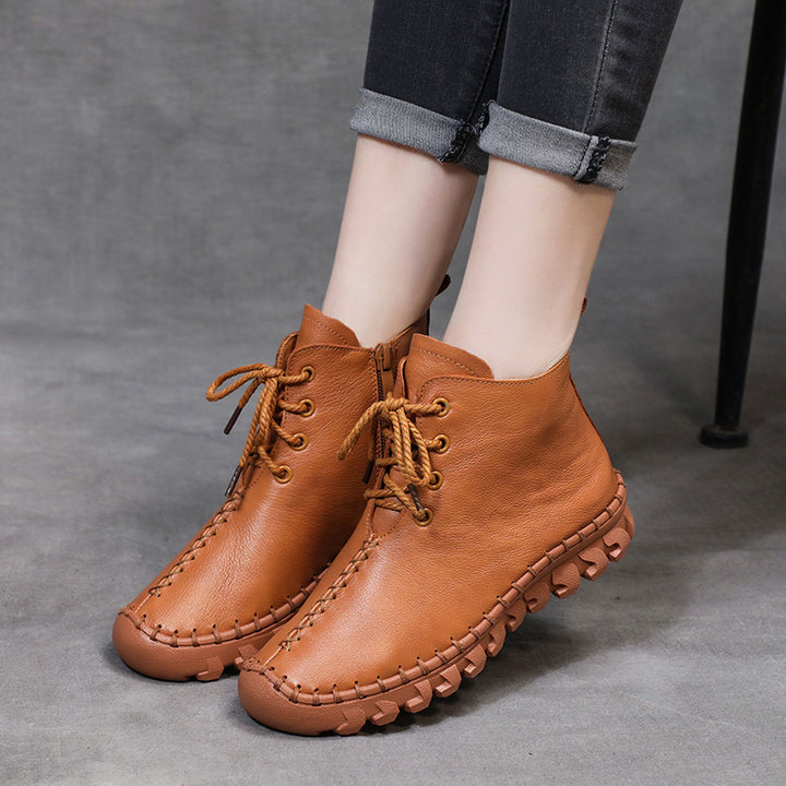 Womens Soft Leather Casual Lace-up Shoes Ankle Boots