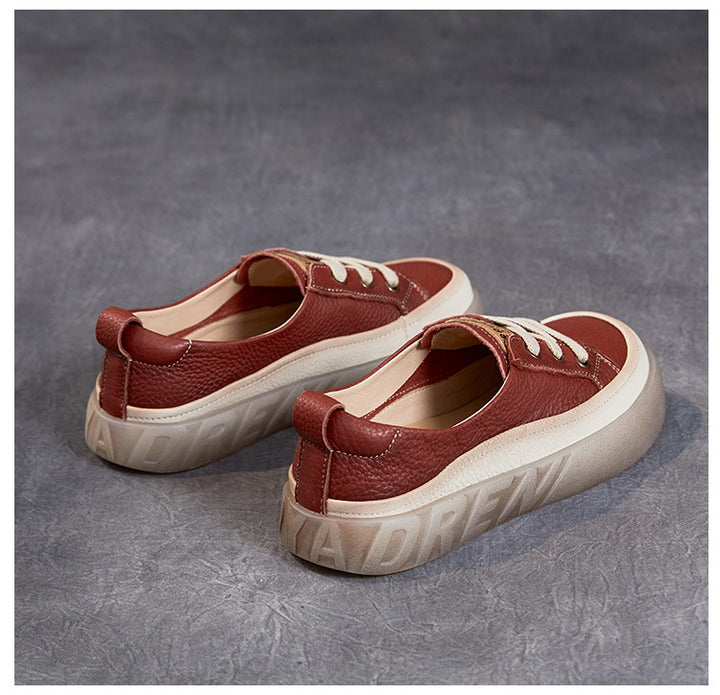 Women's Leather Casual Sneakers - Slip-On Round Toe Loafers Elastic Lace Walking Shoes