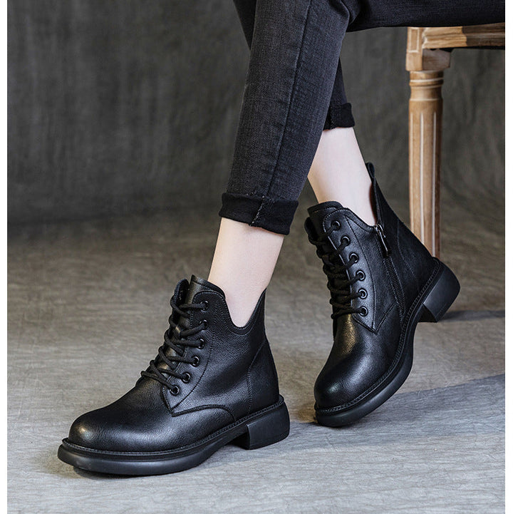 Women's Leather Ankle Boots - Vintage V-Cut Collar Lace-Up Side Zipper Booties Chunky Heel Comfort Shoes