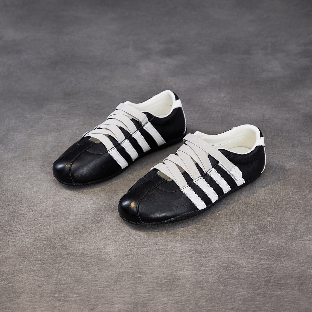 Women's Retro Cowhide Sneakers Vintage Round Toe Strappy Velcro Driving Flats
