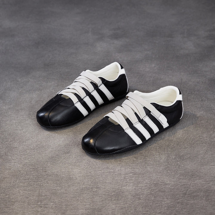 Women's Retro Cowhide Sneakers Vintage Round Toe Strappy Velcro Driving Flats