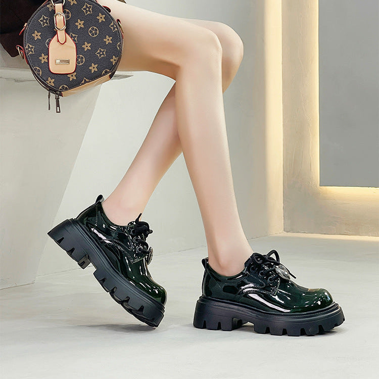 Women's Leather Oxford Shoes - Platform Chunky High Heel Derby  Shoes Lace-up Round Toe Spring Fall Brogues