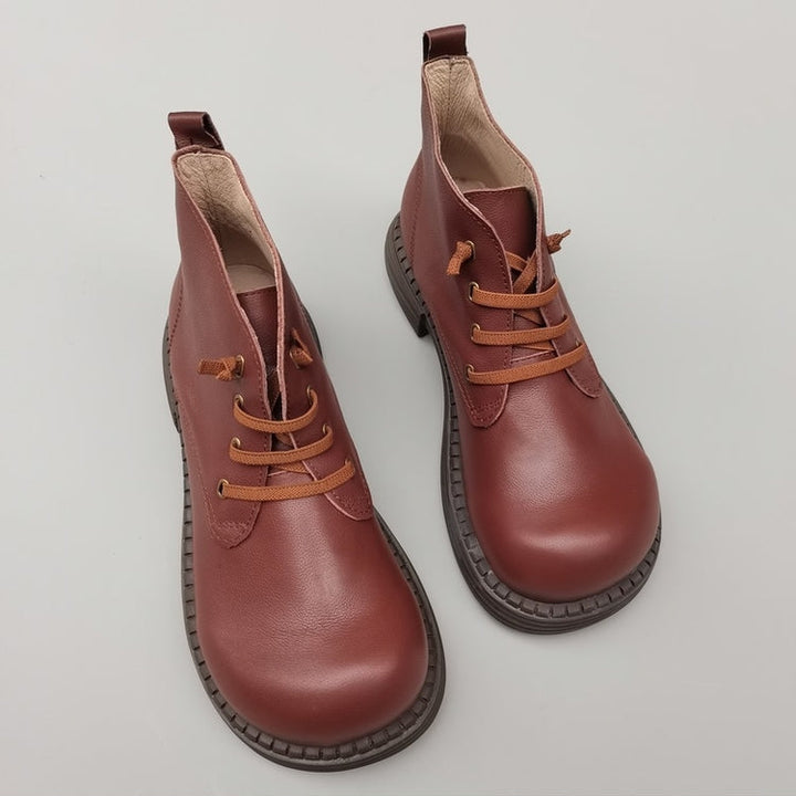 Women's Vintage Wide Toe Leather Derby Ankle Boots – Lace-Up Short Shoes