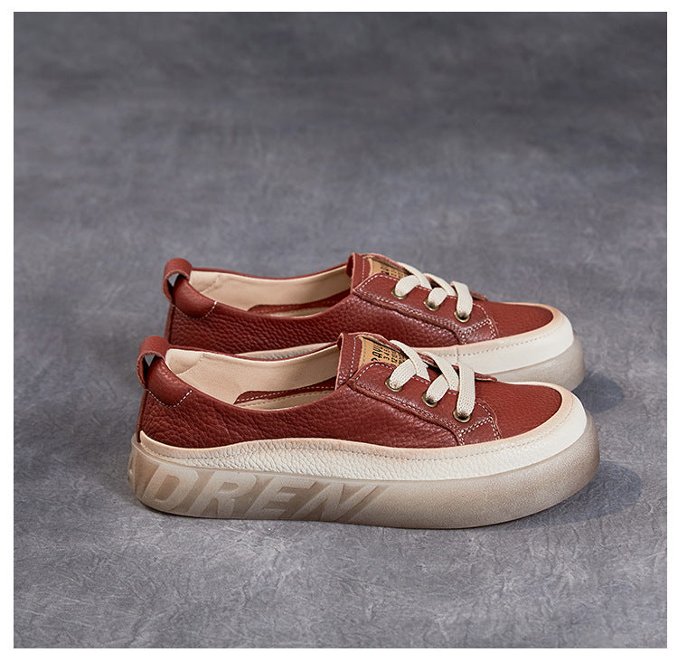 Women's Leather Casual Sneakers - Slip-On Round Toe Loafers Elastic Lace Walking Shoes