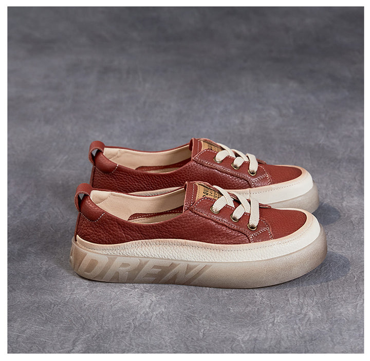Women's Leather Casual Sneakers - Slip-On Round Toe Loafers Elastic Lace Walking Shoes