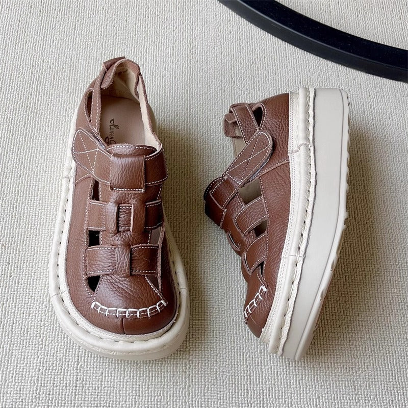Women's Soft Leather Velcro Closed-Toe Chunky Platform Sandals – Ugly-Cute Style