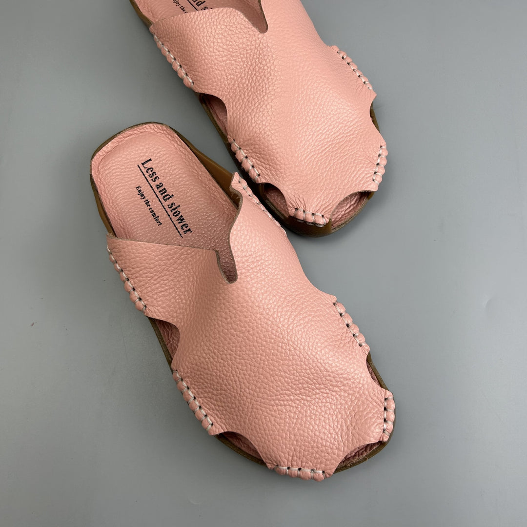 Women's Leather Mules - Soft Hand-Stitched Pebble Grain Flat Sandals Casual Summer Slip-On Slides