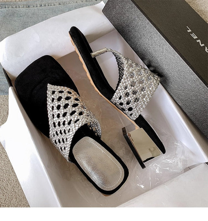 Women's Mesh Mid Heel Slide Sandals – Block Heel Toe Loop Design