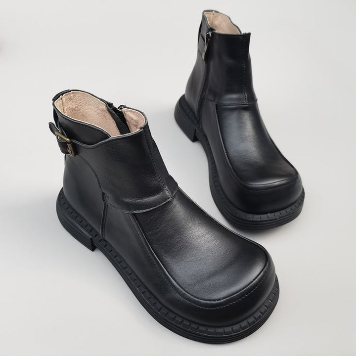 Women's Vintage Wide Toe Derby Boots – Handmade Leather Zipper Short Boots