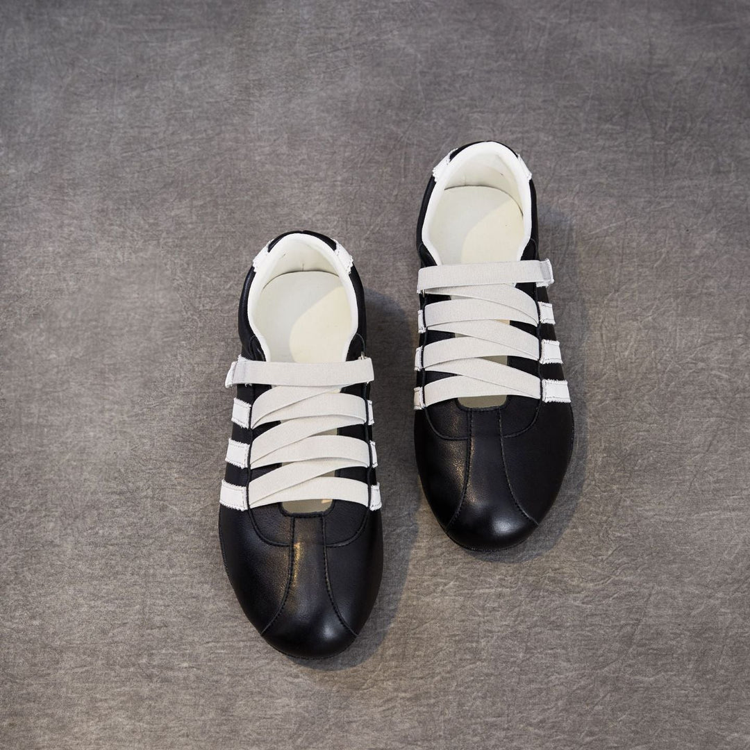 Women's Retro Cowhide Sneakers Vintage Round Toe Strappy Velcro Driving Flats