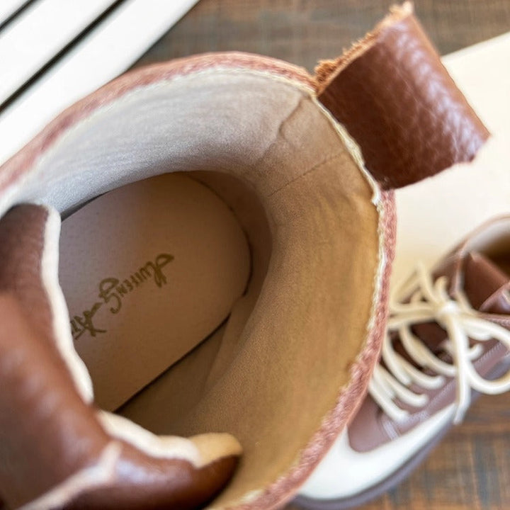 Women's Leather Lace-Up Ankle Shoes – Round Toe & Patchwork Design